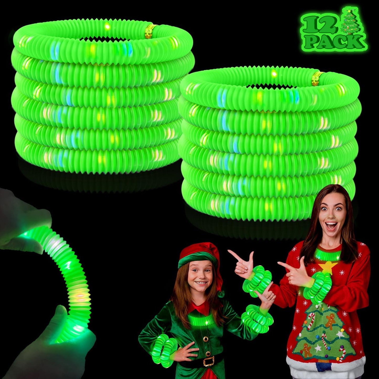 12-24 PCS Green Glow Sticks Christmas Party Favors for Kids,LED Light up Pop Tubes for Toddlers,Neon Necklaces Bracelets Accessories,Glow New Year Eve Party Supplies Birthday Dance Camping Decorations