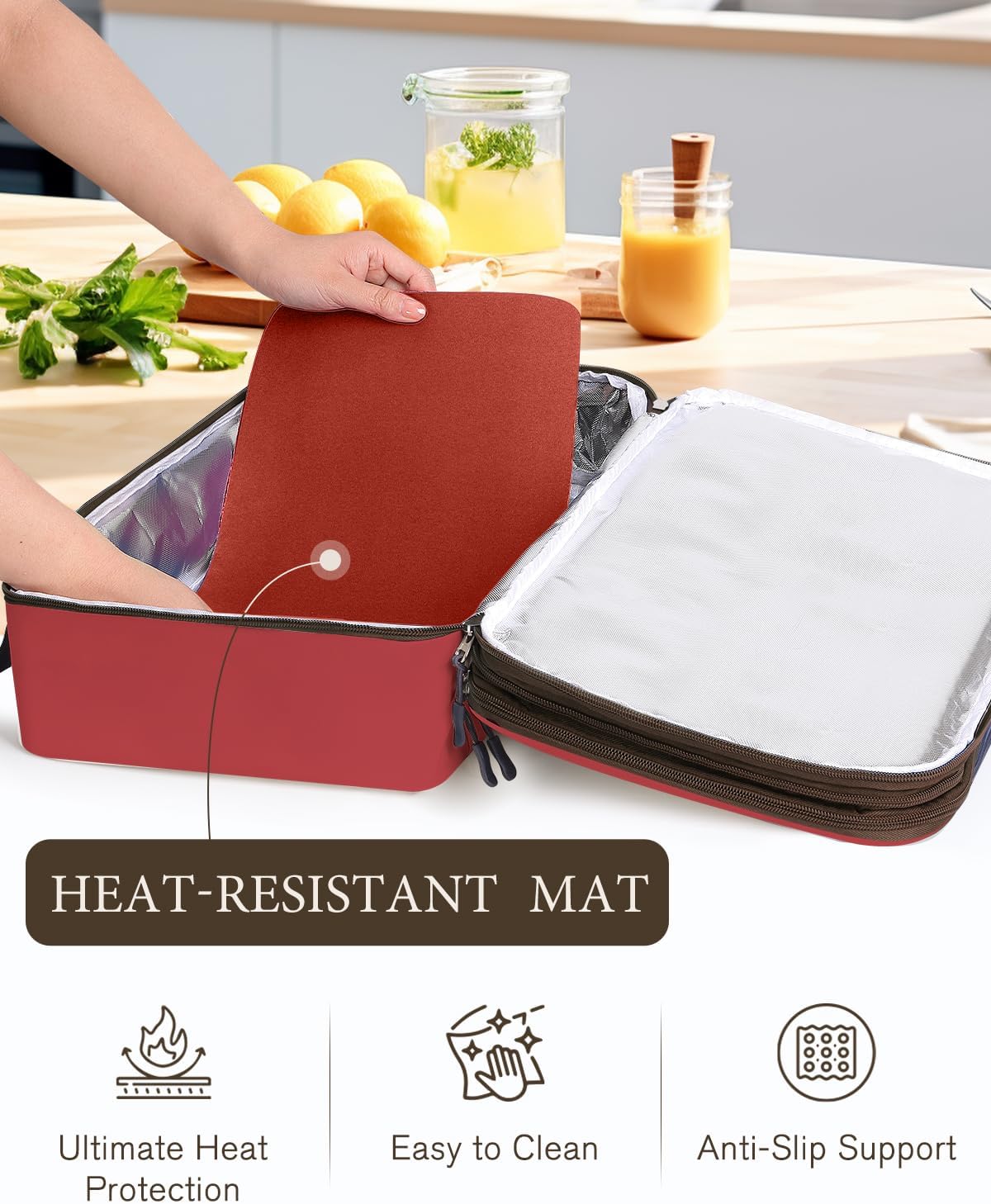 Insulated Casserole Carrier for Hot or Cold Food 9x13 - Double Deck Food Container Bag Warmer with Heat-Resistant Mat for Potluck Parties Picnic Cookouts Fits 9" x 13" Casserole or Baking Dish