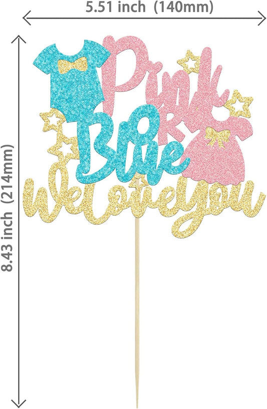 1Pc Pink or Blue Cake Topper with Glitter Onesie Dress We Love You Cake Pick Gender Reveal Cake Decorations for Baby Shower Gender Reveal Theme Kids Boys Girls Birthday Party Decoration Supplies