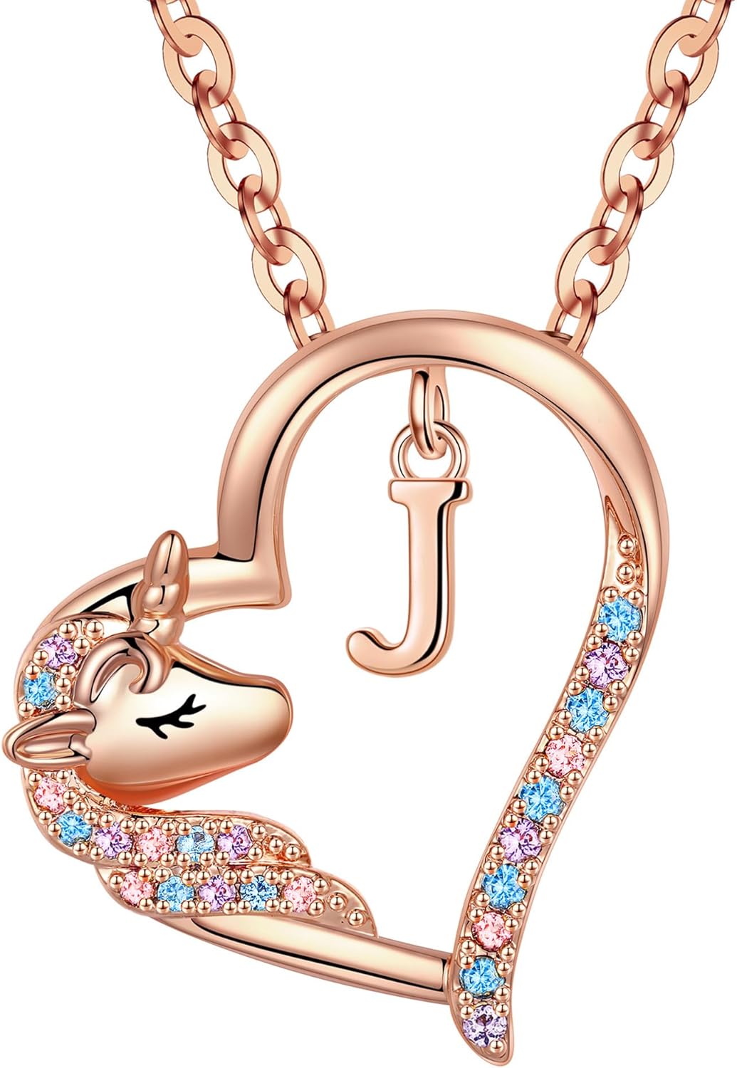 Anoup Unicorn Gifts for Girls Necklace - Colorful CZ Heart Pendant A-Z Initial Necklaces Cute Unicorns Jewelry Birthday Gift for Girl