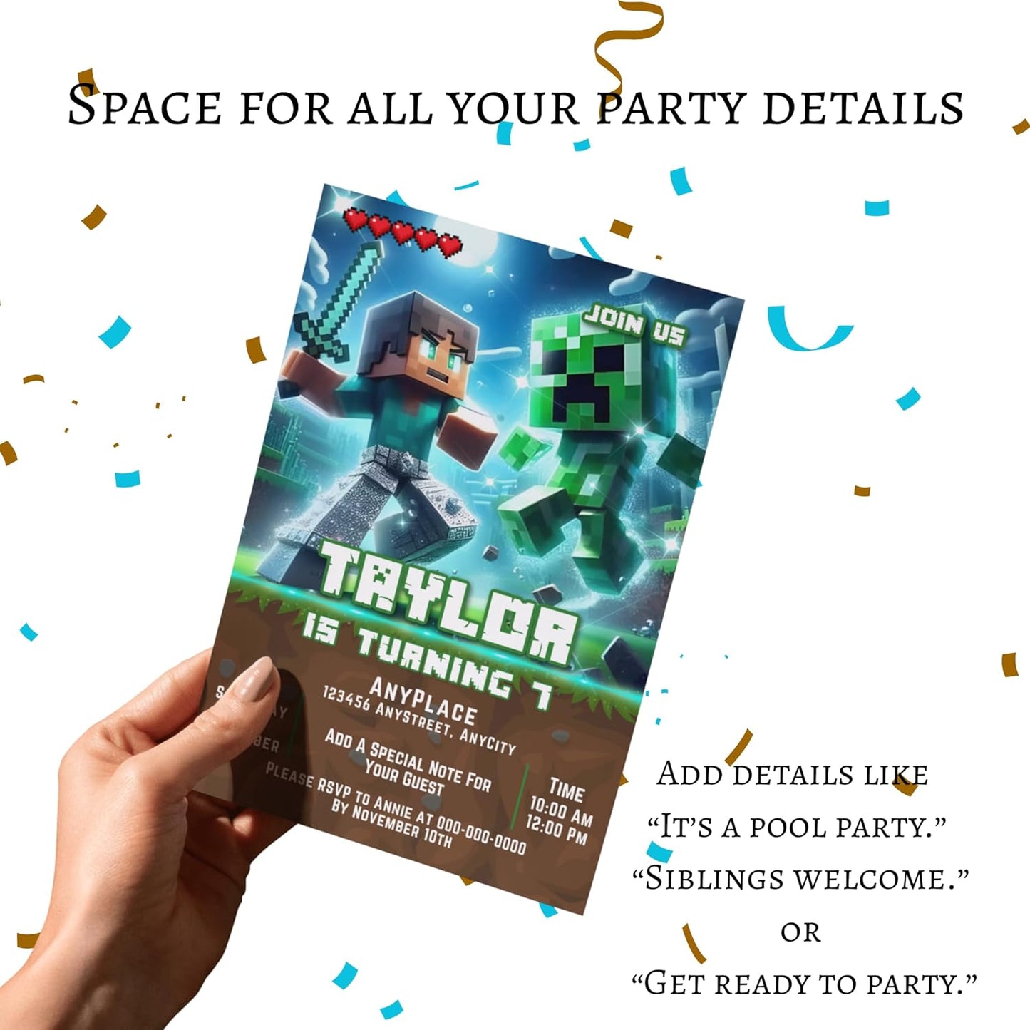 Fully Customizable minecraft Birthday Party Invitations, 4 x 6 inches, with Self-Sealing Envelopes, Gaming Theme Design, minecraft Birthday Invitations for Boys and Girls (Minecraft/Diamond)