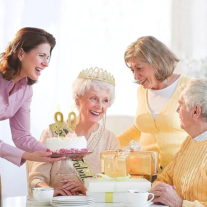 90th Birthday Decorations for Women Gold, Birthday Sash and Tiara, Gold Number 90 Candles, 90th Gifts for Women