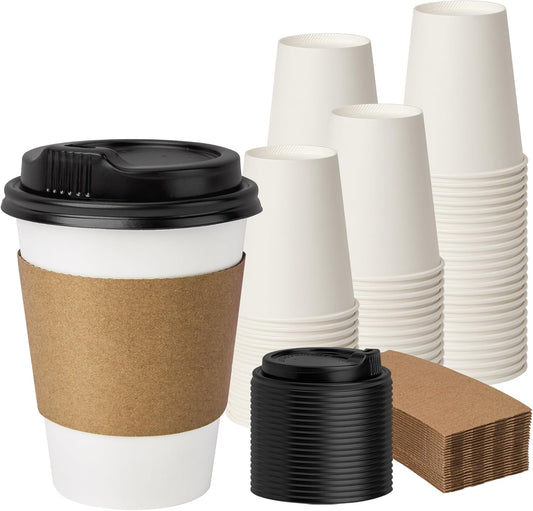 12 oz 50 Pack Disposable Coffee Cups with Lids and Sleeves, Coffee Paper Cups with Lids, To Go Beverage Drinking Cup for Coffee, Tea