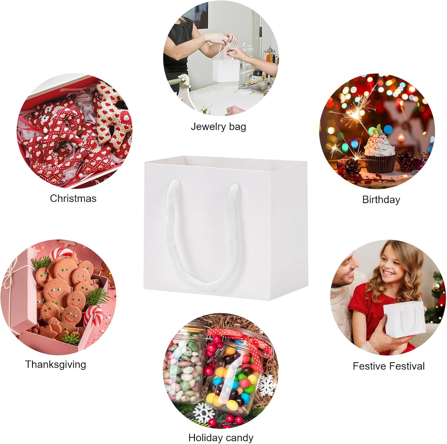driew Small White Gift Bags 50 Pcs, 4.5" x 2.8" x 4" Min Thick Kraft Paper Bags Bulk with White Handles Set for Wedding Party Birthday Gathering Baby Shower