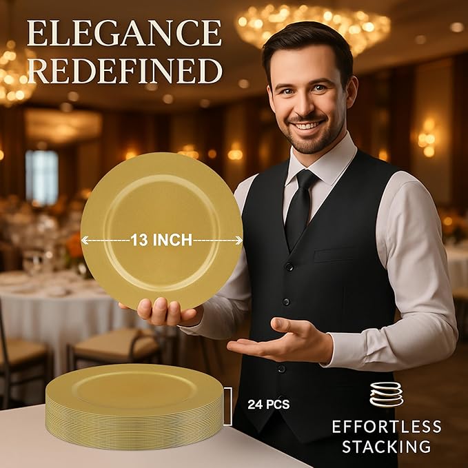 JEVERGN 24 Pack Gold Charger Plates, 13" Chargers for Dinner Plates, Gold Plate Chargers Set of 24, Round Plastic Charger for Wedding, Party Event, Dinner, Table Setting