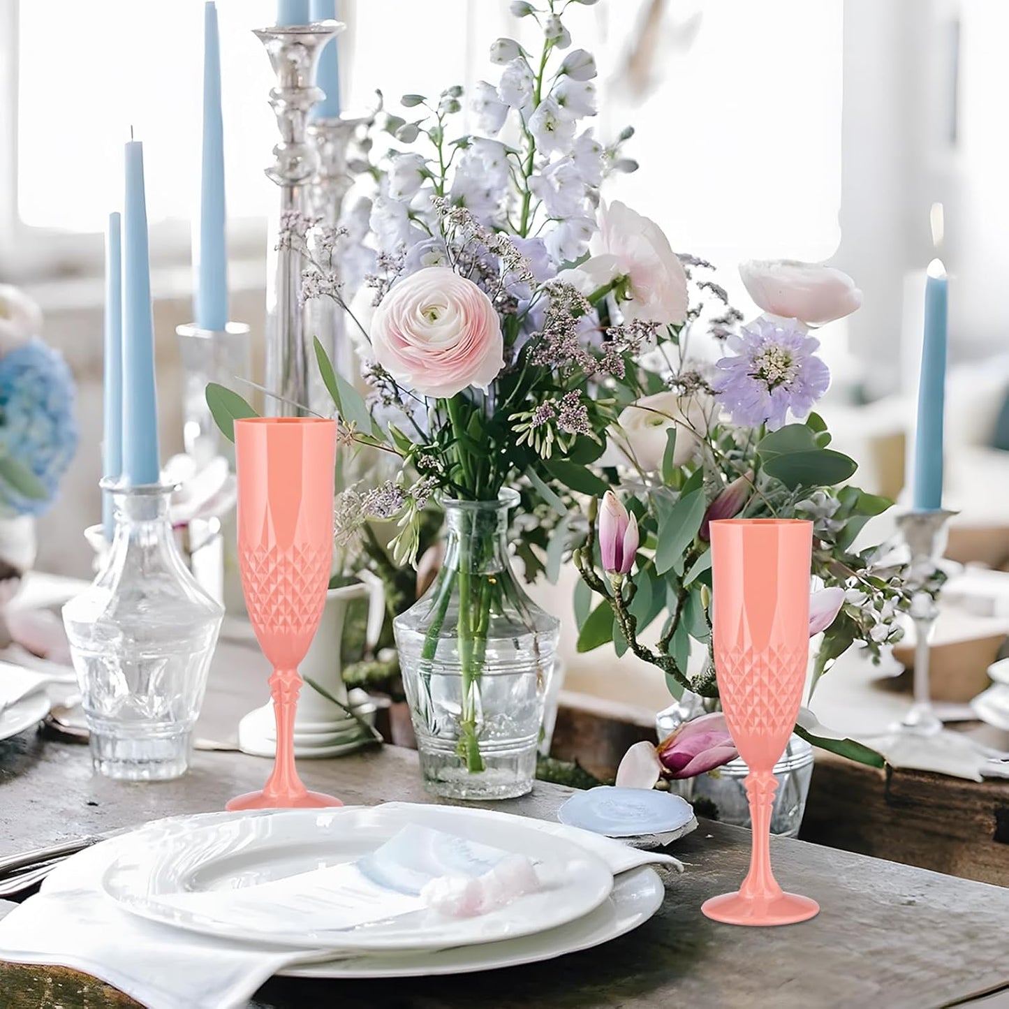7.1OZ Plastic Champagne Flutes,Acrylic Wine Glasses Goblets Mimosa Bar Shatterproof Reusable Vintage Champagne Flutes Stemmed Drinking Cups for Weddings, Parties, Toasting,Cava, Prosecco(12,LightPink)