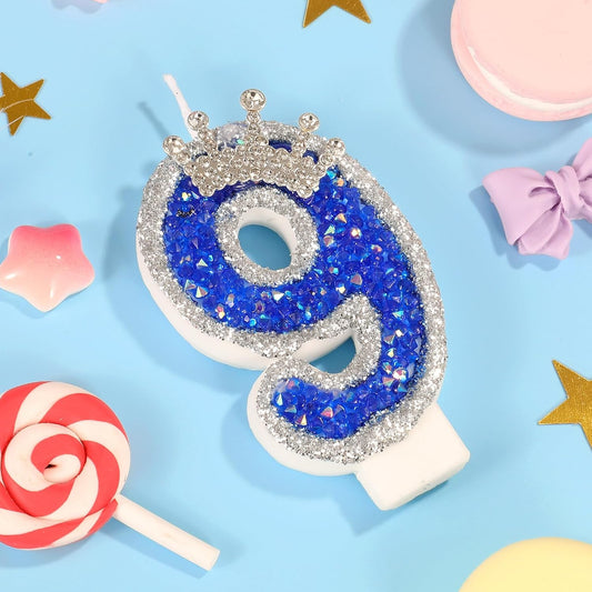 Blue Birthday Candle Crown Number 9 Candle with Sequins Cake Candles Cupcake Decorations Party Decor for Anniversary Celebrations Supplies