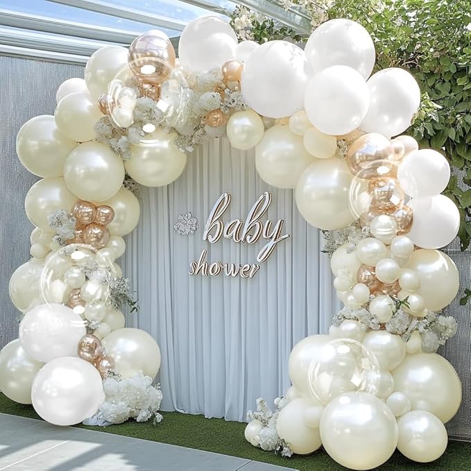 Pearl Ivory White Balloon Arch Double Stuffed Pastel White Ivory Cream Beige Balloon Garland Kit Different Sizes 12/10/5in With Clear Bobo Balloons for Birthday Wedding Bridal Baby Shower Party Decor