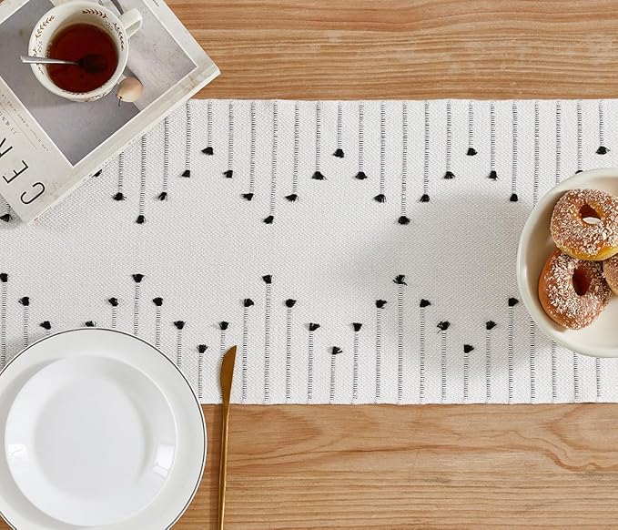 Wracra Boho Table Runner, Natural Cotton Woven Macrame Table Runners 90 Inches Long for Modern Farmhouse Woven Home Decor, 14x90 Inch, Black