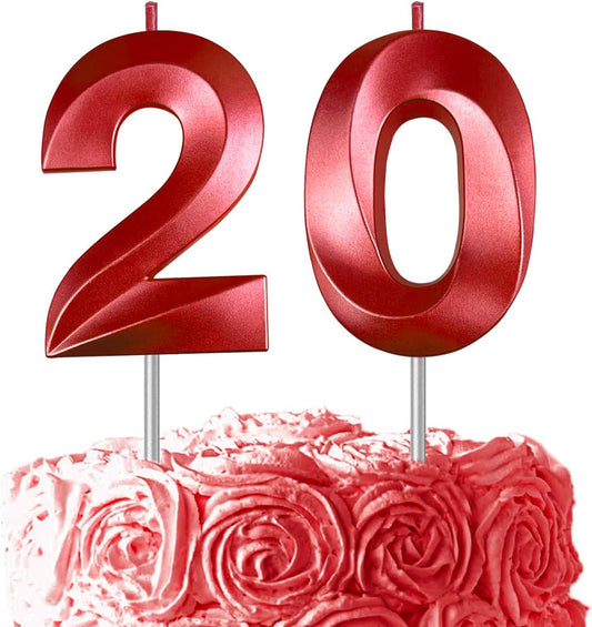 Red Number 20 Candles, 3D Diamond 2.76 Inch Cake Topper Birthday Candles for Wedding Anniversary Cake Decorations, Happy Birthday Party Decorations