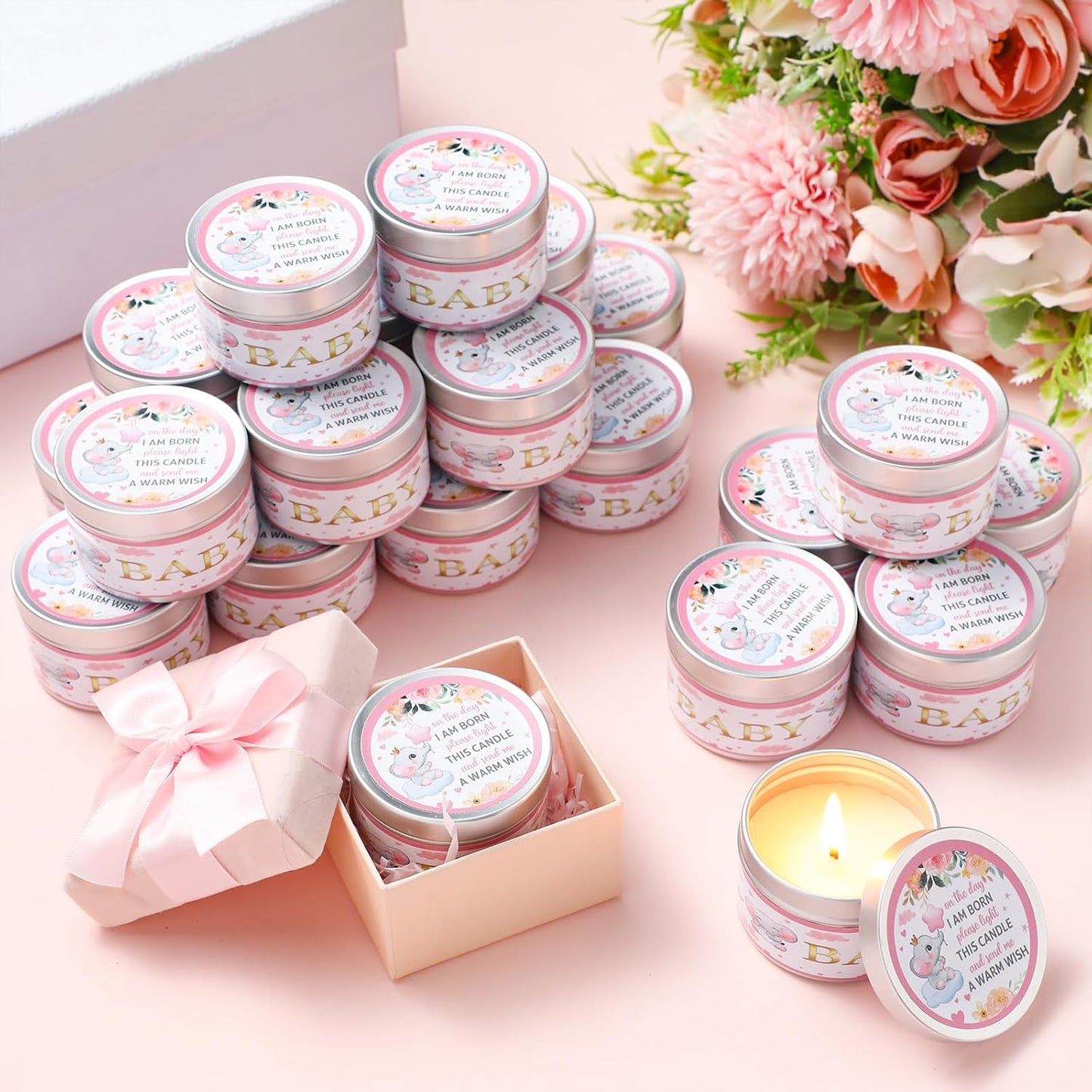 MTLEE 24 Pcs Elephant Baby Shower Party Favors Candles Lavender Scented Baby Shower Favors for Guests Rustic Tealights Candles Gender Reveal Return Gifts Girl Boy(1.2 Oz, Pink)