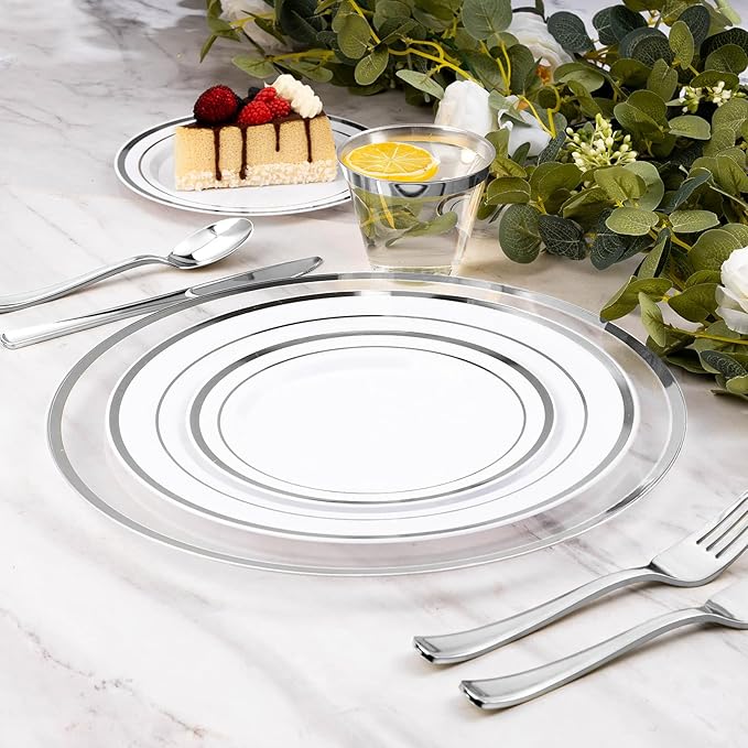 Goodluck 12 Inch Disposable Charger Plates Plastic, 100 Pack Plastic Clear Charger with Silver Rim for Dinner, Wedding, Party