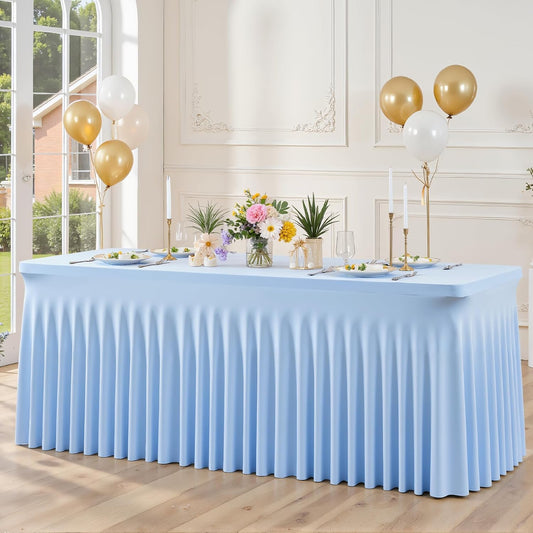 6ft Baby Blue Spandex Table Cloths for Rectangle Tables Wrinkle Free Tablecloth Rectangle Stretch Fitted 6 Foot Table Cover with Skirt for Baby Shower Boy Birthday Party Wedding Banquet Buffet