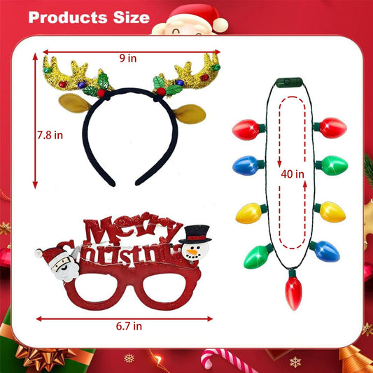 3 Pack Christmas Necklace Light Up Antlers Headband Glasses,Party Favors Accessories Stocking Stuffers