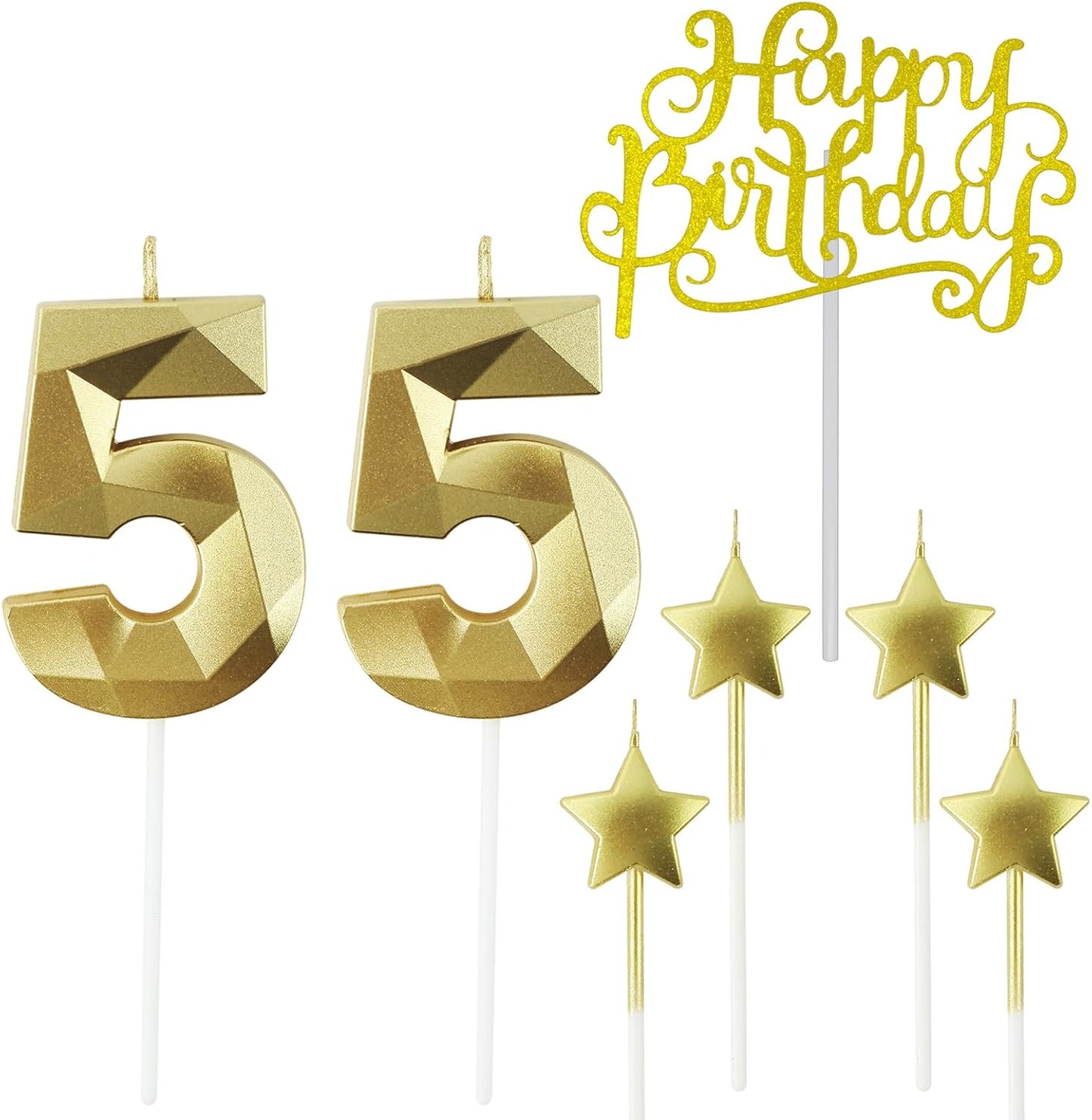 Golden Number 55 Birthday Candles and Star Birthday Candles 2.76 inch Birthday Cake Candles 3D Diamond Shaped Candles are Suitable for Birthday Parties and Anniversary Cake Decorations Candles