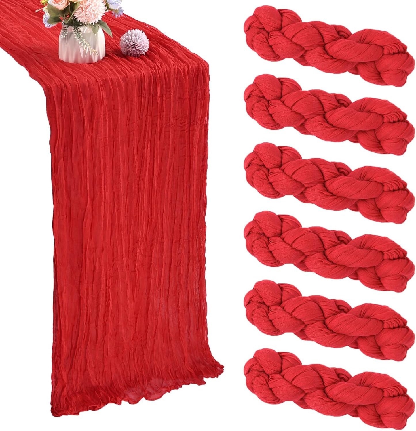 6 Pack 10FT Christmas Table Runner Red Cheesecloth 35x120 Inch Gauze Rustic Boho Table Runner Cheese Cloth for Wedding Decor Birthday Party Bridal Baby Shower Table Centerpiece Decoration