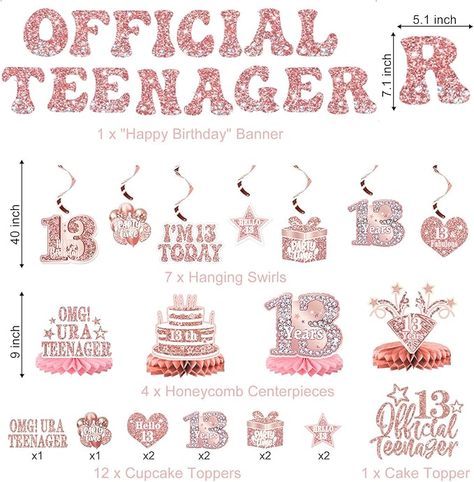 13th Birthday Decorations for Girls – 53pcs Official Teenager Decorations Backdrop, Banner, Honeycomb Centerpieces, Hanging Swirls, Foil & Latex Balloon, Cake & Cupcake Toppers, Sash, Pom Poms
