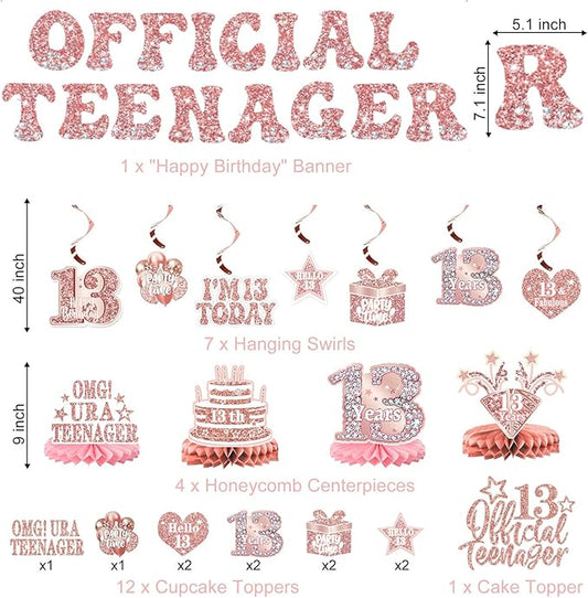 13th Birthday Decorations for Girls – 53pcs Official Teenager Decorations Backdrop, Banner, Honeycomb Centerpieces, Hanging Swirls, Foil & Latex Balloon, Cake & Cupcake Toppers, Sash, Pom Poms