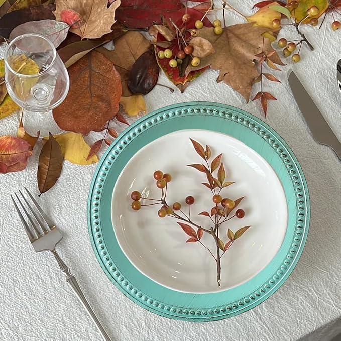 Antique Green Charger Plates,13 Inch Vintage Dinner Plate Chargers Round Server Ware.Set of 6 Plastic Beaded Chargers for Dinner Plates, Party, Wedding(Turquoise)