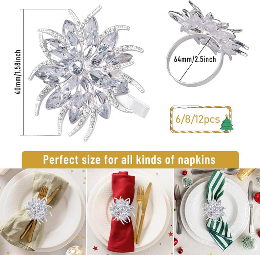 Legigo Set of 6 Christmas Lotus Flower Napkin Rings Set for Dinning Table Setting- Silver Rhinestone Xmas Winter Napkin Ring Holders for Cloth Napkins, Christmas Holiday Party Dinner Table Decoration