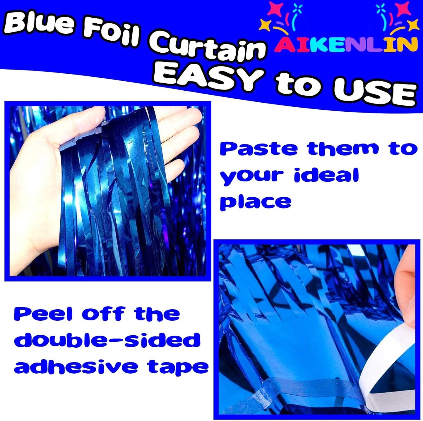 4 Pack 3.3Ft x 6.6Ft Blue Foil Fringe Curtain Backdrop, Metallic Tinsel Foil Fringe Streamers Curtains Background for Photo Booth, Birthday, Wedding, Halloween, Christmas Party Decoration