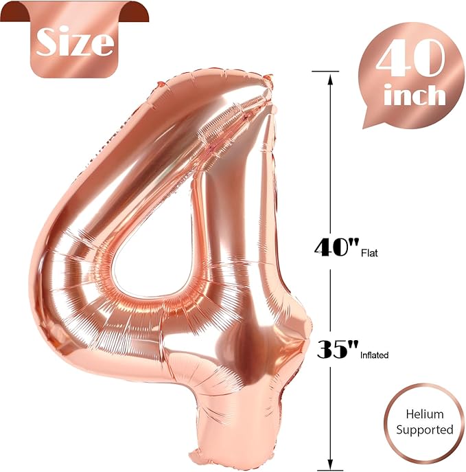 Rose Gold Number 4 Balloon 40 Inch, 4th Birthday Party Decorations for Children, Giant 4 Foil Balloon for Party Supplies