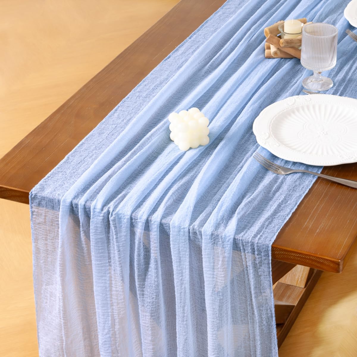 Socomi 6pcs Blue Fall Thanksgiving Gauze Cheesecloth Table Runner 120 Inch Rustic Boho Cheese Cloth Runner for Wedding Party Baby Bridal Shower Centerpiece Decoration Holiday Home Decorations