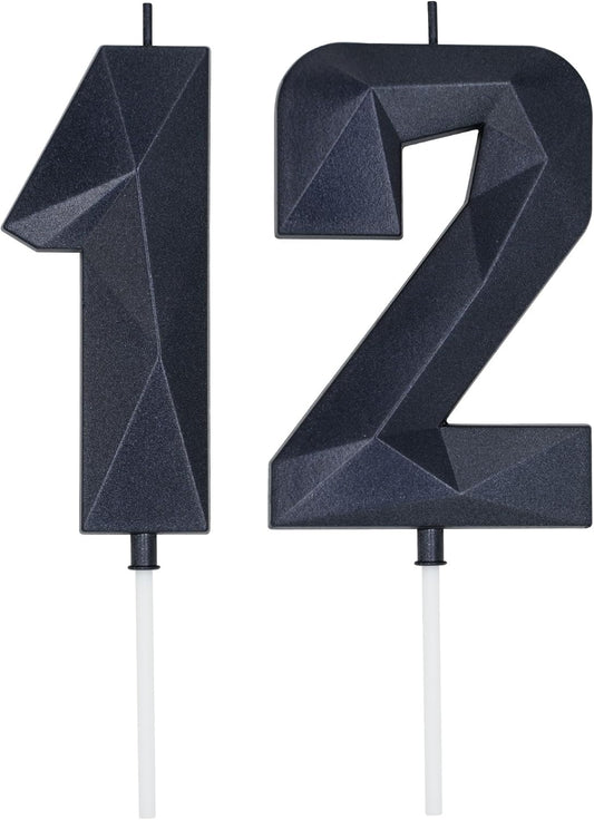 DERVENTA Birthday Candle Big Number 3D Black 3.7 inch Party Celebration Anniversary Decoration Cake Topper 1 Piece (Number 12 Black)