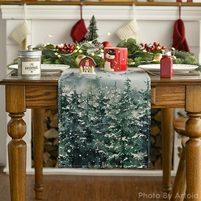Artoid Mode Green Tree Snow Christmas Table Runner, Seasonal Winter Holiday Kitchen Dining Table Decoration for Home Party Decor 13x120 Inch