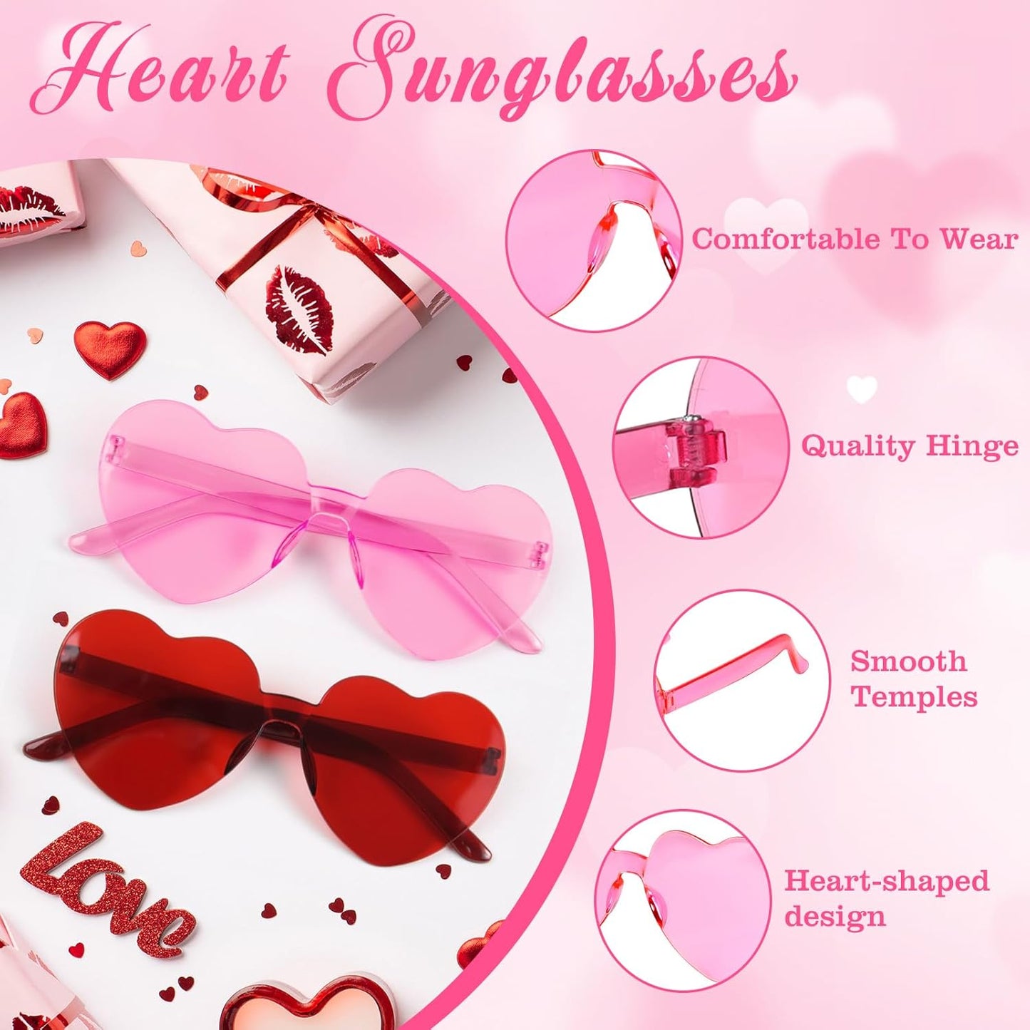 PLULON Heart Sunglasses for Women 5/12/25 Pcs, Heart Glasses Valentine Day Rimless Shaped Candy Color Fun Glasses Party Favor