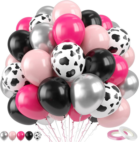 Paready Cow Balloons Set, 60Pcs Pink Black Cow Print Balloons, 12 Inch Metallic Silver Pastel Hot Pink Balloon for Kids Girl Birthday Baby Shower Farm Animals Themed Party Decorations