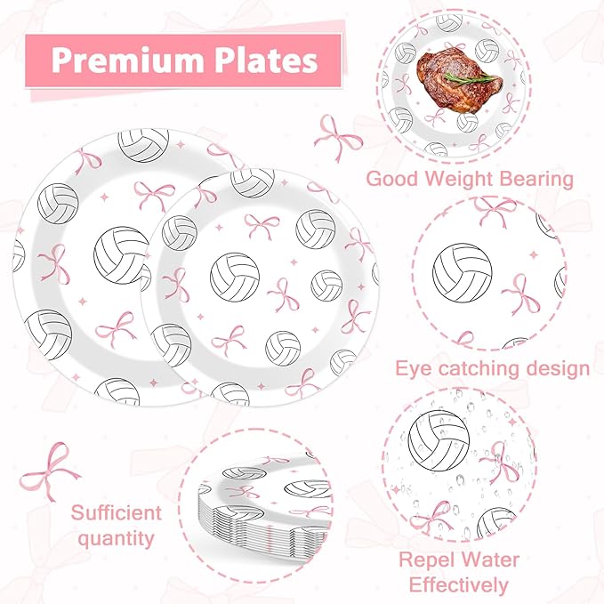 96PCS Volleyball and Bow Party Paper Plates and Napkins for Sports Themed Party Dessert Cake Plates Disposable Decor Pink Bow Volleyball Parties Set for Boys Girls Birthday Gatherings Decorations