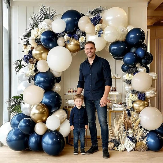 Navy Blue White Balloons Double Stuffed Dark Royal Blue White Gold Balloons Pearl Sand Balloon Garland Arch Kit for Birthday Baby Shower Father's Day Wedding Graduation Party Decorations