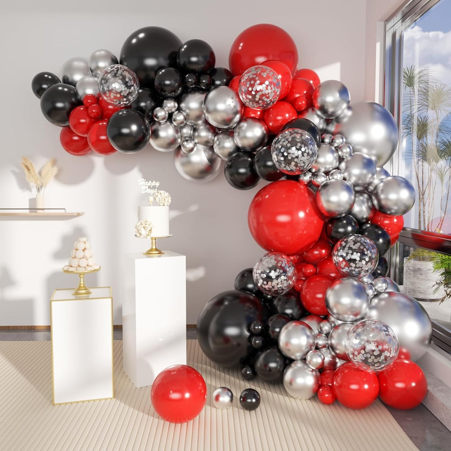 62 Pcs 12 Inch Black Red Gold Balloons Arch Kit, Red and Black Metallic Gold Confetti Party Balloons with Ribbons for Birthday, Wedding, Baby Shower, Graduation Decorations