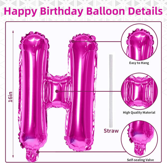 Happy Birthday Balloon Banner - 16 Inch Hot Pink Foil Mylar Sign Bunting Self Inflating Letter Balloons for Girls Women Party Decorations Supplies