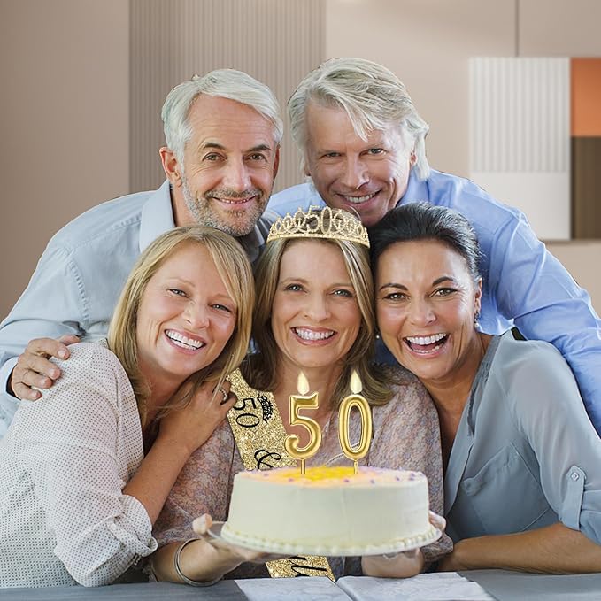 50th Birthday Decorations for Her with 50th Birthday Crown, 50 Sash for Women, Candles Gold, Gifts for 50 Year Old Woman