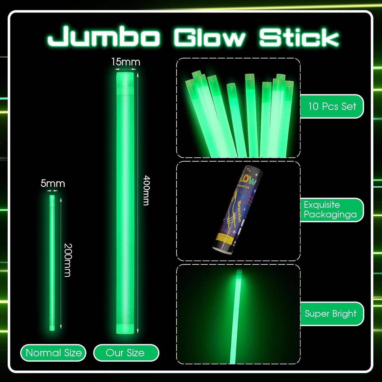 Lewtemi 10 Pcs Large Glow Sticks Big Giant Jumbo Halloween Christmas Emergency Light Stick for Camping Accessories, Survival Kit