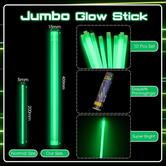Lewtemi 10 Pcs Large Glow Sticks Big Giant Jumbo Halloween Christmas Emergency Light Stick for Camping Accessories, Survival Kit