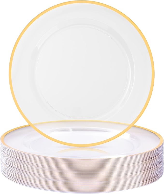 BESTSTAR 12 Inch Disposable Decor Charger Plates, 50 Pack Plastic Clear Plates with Gold Rim, Perfect Table Decor for Party, Wedding, Dinner