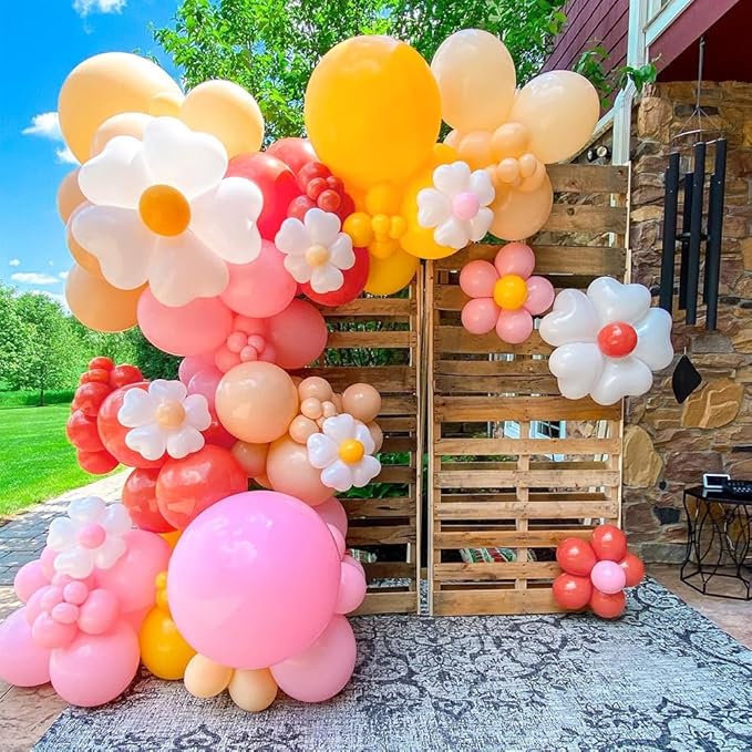 155Pcs Daisy Balloon Arch Garland Kit Macaron Pink Yellow Retro Orange White Heart Balloons with Plum Clip Daisy Shaped Flower for Two Groovy Party Decor Daisy Theme Wedding Birthday Mother’s Day