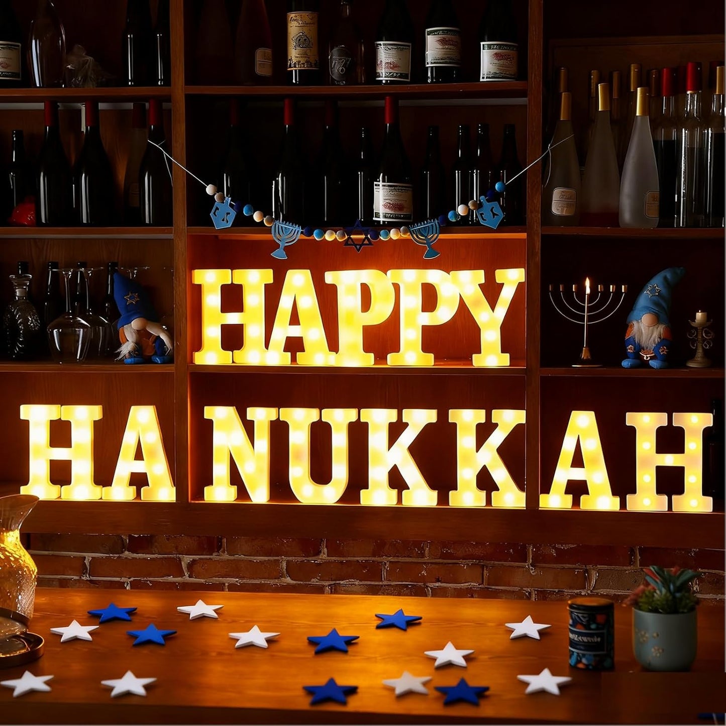 13 Pcs Happy Hanukkah Large LED Letter Sign LED Lights Battery Powered Jewish Table Decoration for Chanukah Party Jerusalem Party Decor