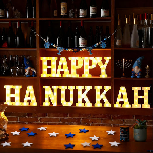 13 Pcs Happy Hanukkah Large LED Letter Sign LED Lights Battery Powered Jewish Table Decoration for Chanukah Party Jerusalem Party Decor