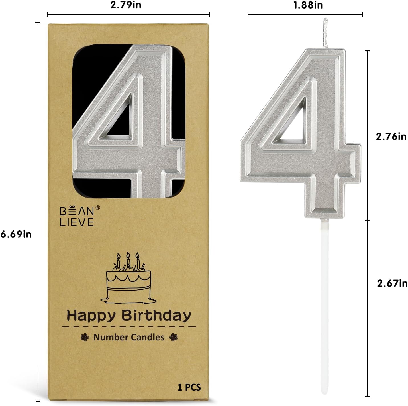 BEAN LIEVE Silver Birthday Candles Number 4, Silver Number Candles, Cake Number Candles for Birthday Parties and Wedding Anniversary Celebrations