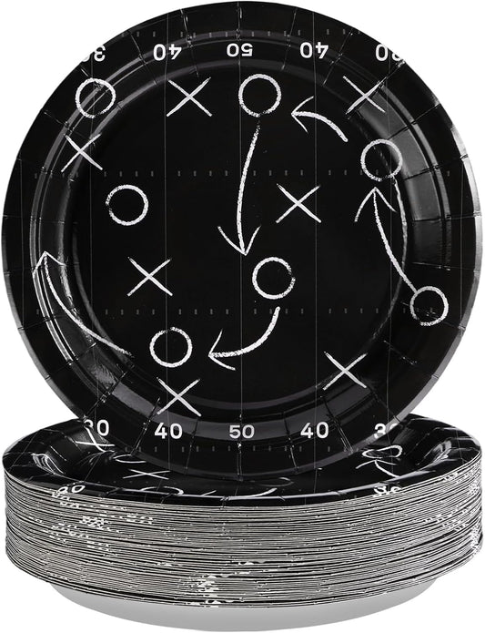 Grencian 50Pcs Black Football Party Plates 9" Heavy Duty Disposable Football Paper Plates for Sport theme Super Game Bowl Birthday Party Decorations Serve 50