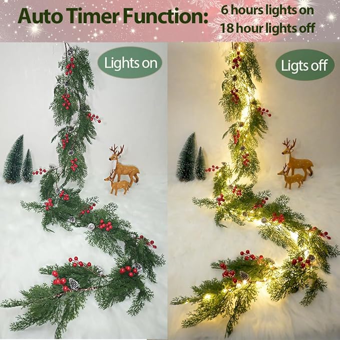 2025 New 6.56FT Christmas Garland Lights with 96 LED 8 Flash Modes Battery Operated Cypress Garland with Timer Lighted Xmas Pine Garland Christmas Decor for Mantle Fireplace Table Stairs Holiday