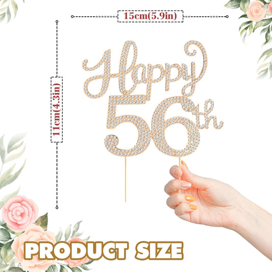 Happy 56th Birthday Decorations,56th Birthday Gold Rhinestone Cake Topper - Cheers to 56 Years Old Bday Party Metal Sparkly Cake Centerpieces Sign.