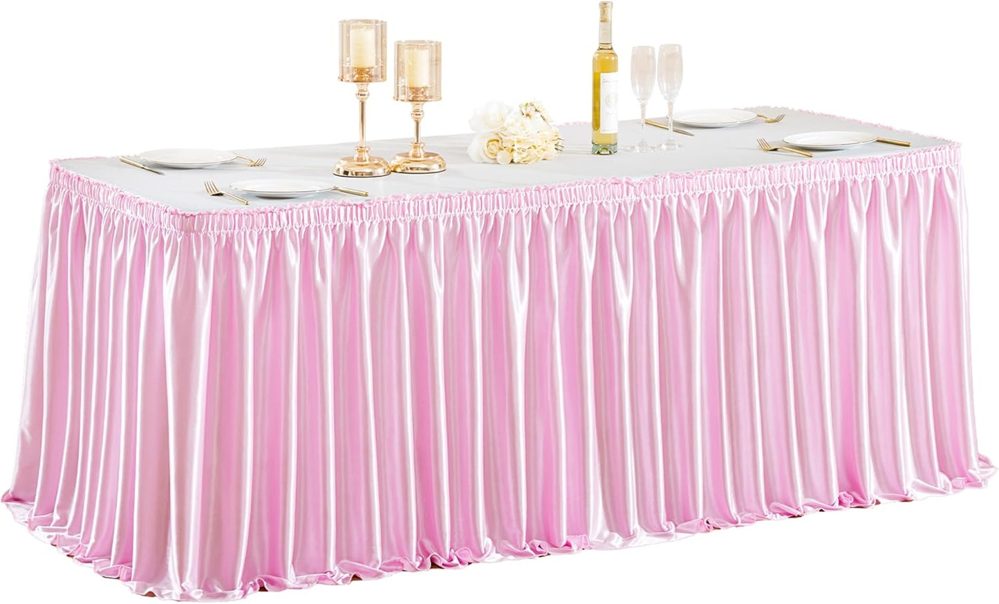 Wish Care 6ft Pink Satin Table Skirt for Rectangle Tables Wrinkle Free Glitter Desk Skirts Pleated Ruffle Table Cloth for Girls Birthday Baby Shower Theme Party Dessert Cake Table Skirting Decorations