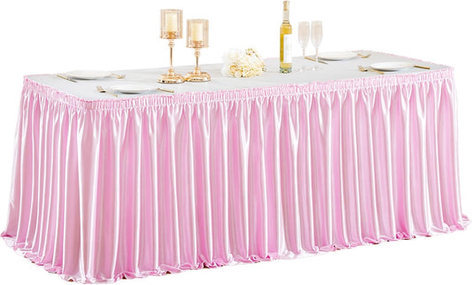 Wish Care 6ft Pink Satin Table Skirt for Rectangle Tables Wrinkle Free Glitter Desk Skirts Pleated Ruffle Table Cloth for Girls Birthday Baby Shower Theme Party Dessert Cake Table Skirting Decorations