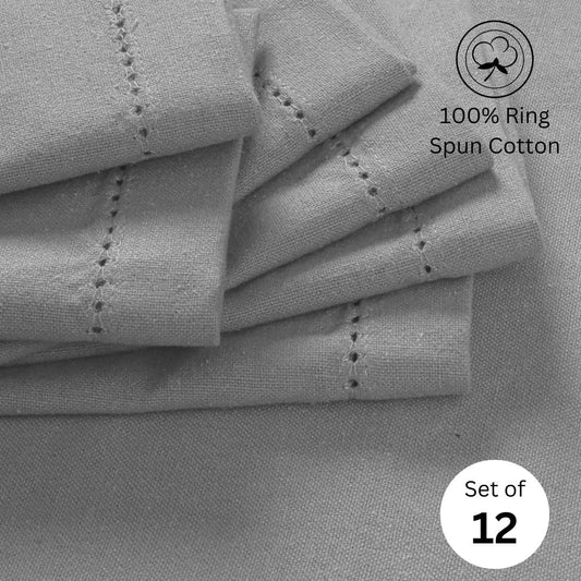 Hemstitch Cloth Dinner Napkins 100% Cotton Set of 12 - for Dining Special Occasions Weddings Parties Holidays Easter - Soft Durable Washable - 18x18 Inch Table Cloth Napkins Light Grey