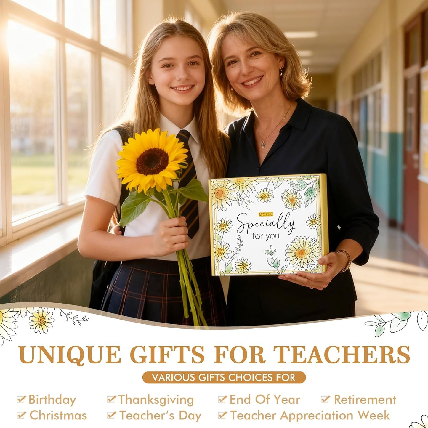 Teacher Christmas Gifts for Women, Best Teacher Appreciation Gifts Set Funny End of Year Teachers Gift from Student, Cute Birthday Retirement Sunflower Thank You Gift Baskets for Daycare Teachers